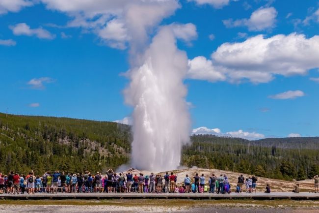 Old Faithful, a Yellowstone legendás gejzírje kitörés közben